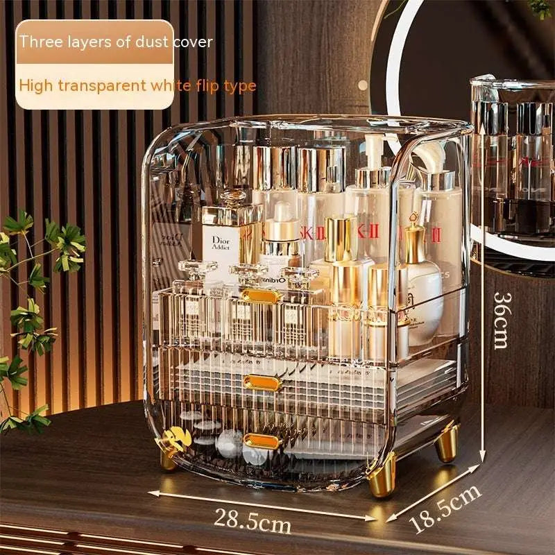 Transparent white acrylic cosmetics storage box with gold acrylic cosmetics handles and three-layer dust cover makeup organizer
