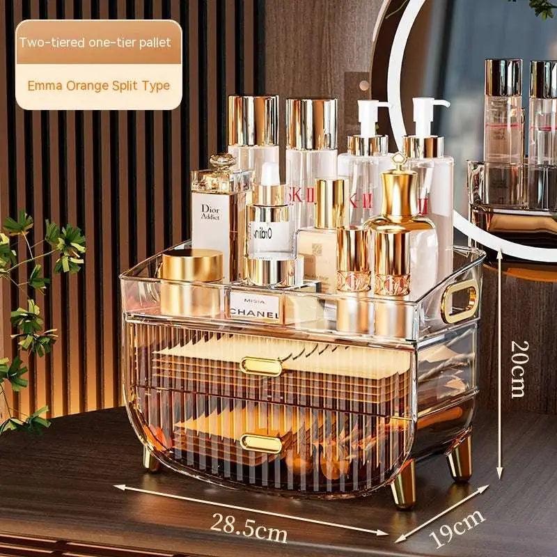 Clear acrylic two-tier makeup organizer with gold acrylic cosmetics handles and feet for acrylic cosmetics storage
