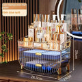 Clear acrylic two-tiered makeup organizer with gold-tone handles and feet for elegant gold acrylic cosmetics storage
