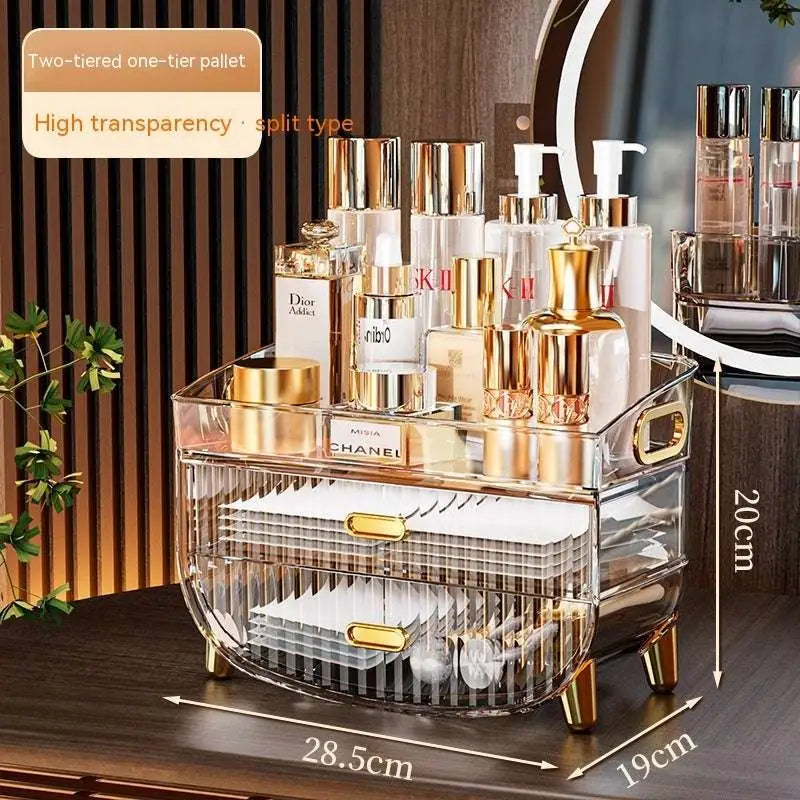 Clear acrylic two-tier makeup organizer with gold acrylic cosmetics handles and mirrored top for acrylic cosmetics storage