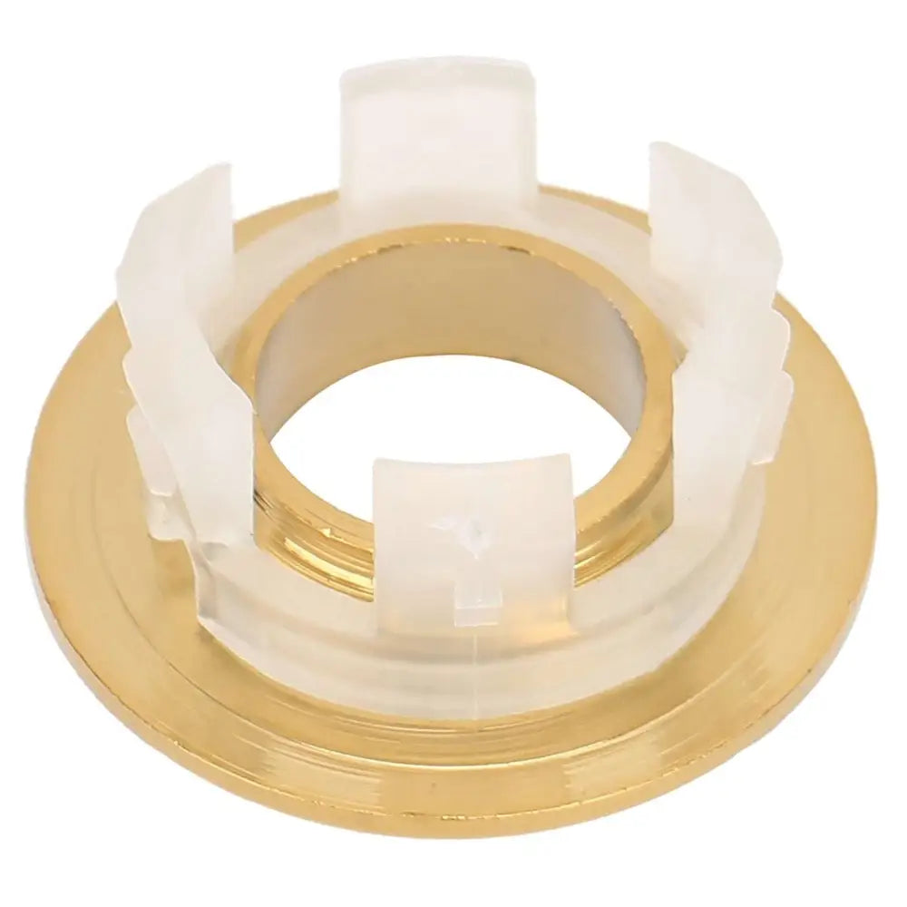 Gold bathroom wash basin sink hole overflow cover with gold metal base and translucent white plastic gear-like structure