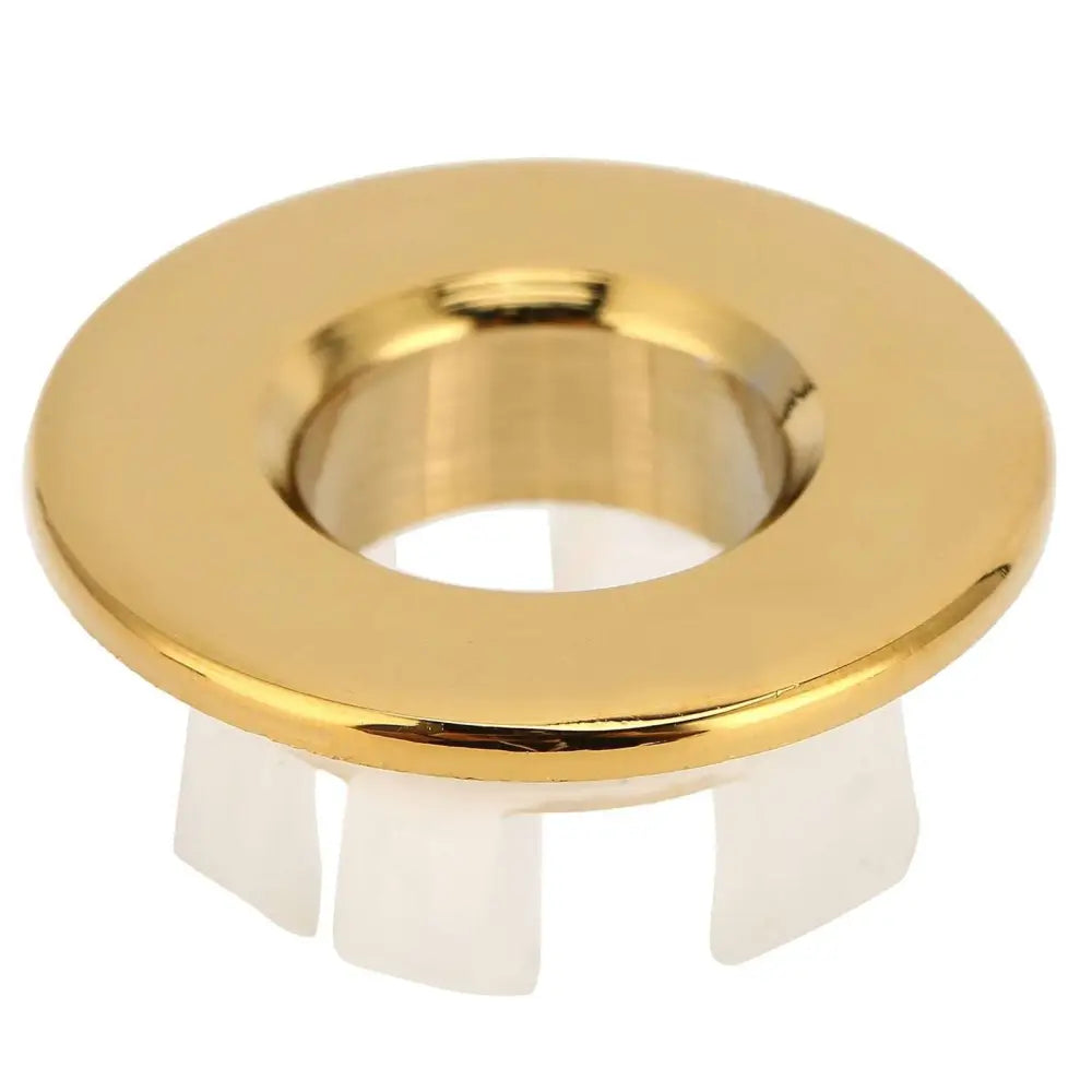 Gold circular flush mount bathroom wash basin sink hole overflow cover with polished metallic finish and white plastic flanges