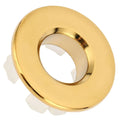 Gold bathroom wash basin sink hole overflow cover with gold circular recessed light fixture and white mounting clips