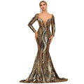 A shimmering gold sequined mermaid gown with long sleeves and deep v-neckline for waist slimming banquet evening dress