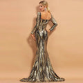 Gold black sequined mermaid gown with long sleeves and backless design for waist slimming banquet evening dress