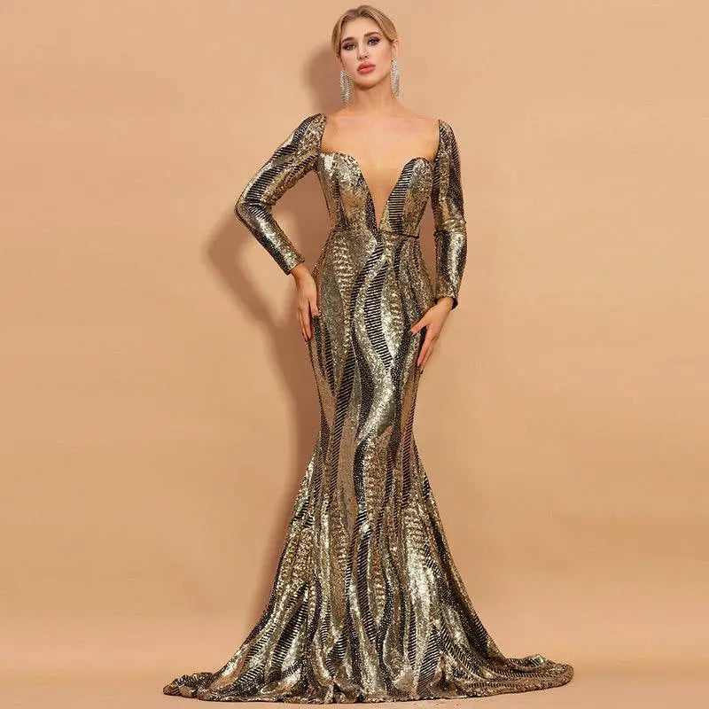 A gold and black sequined mermaid gown with long sleeves and deep v-neckline for waist slimming banquet evening dress