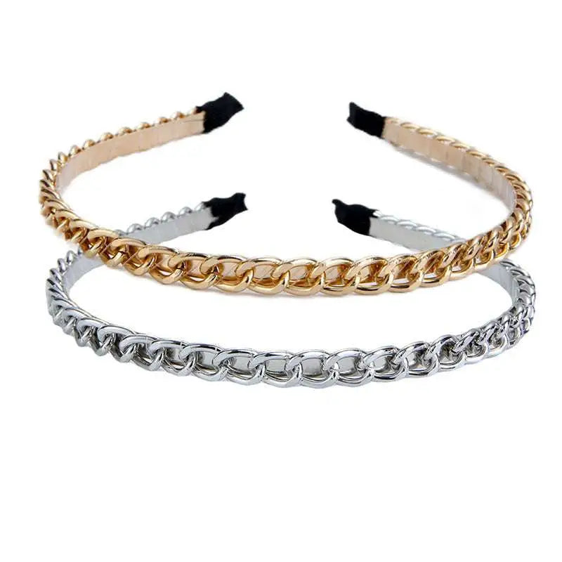 Two metallic chain-style braided metal hairbands in gold and silver with black fabric tips band handmade winding headdress