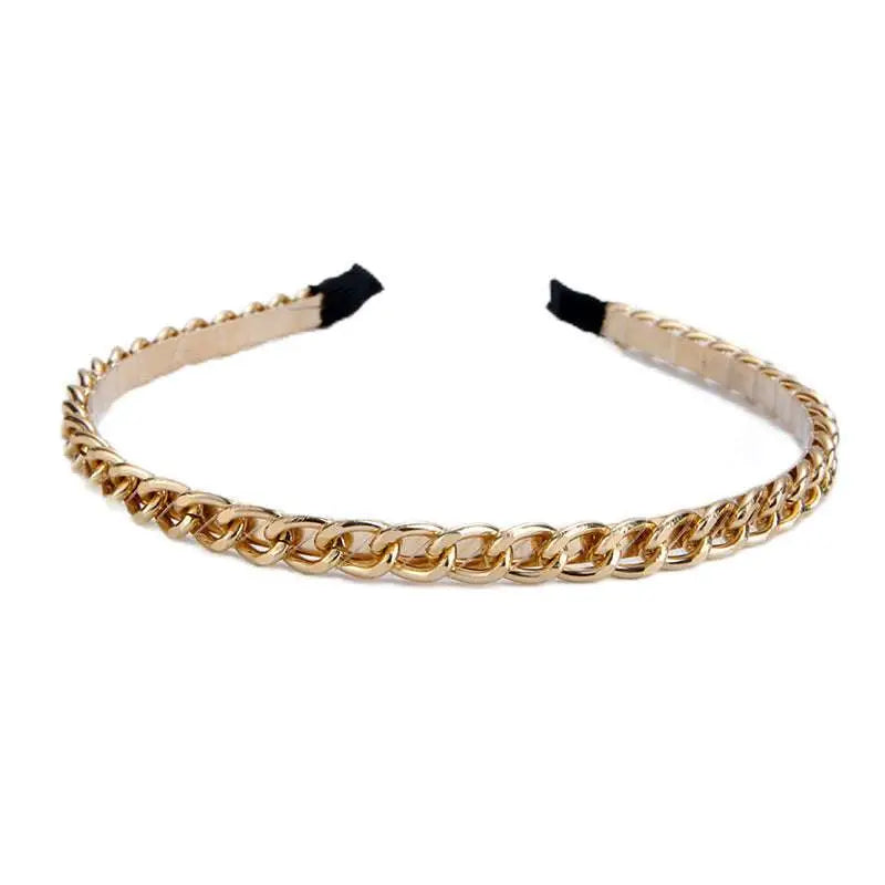 Gold-toned braided metal hair band handmade winding headdress with black fabric tips for elegant styling