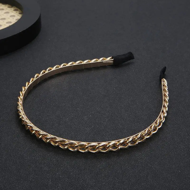 Gold braided metal hair band handmade winding headdress with black fabric covered ends for elegant styling
