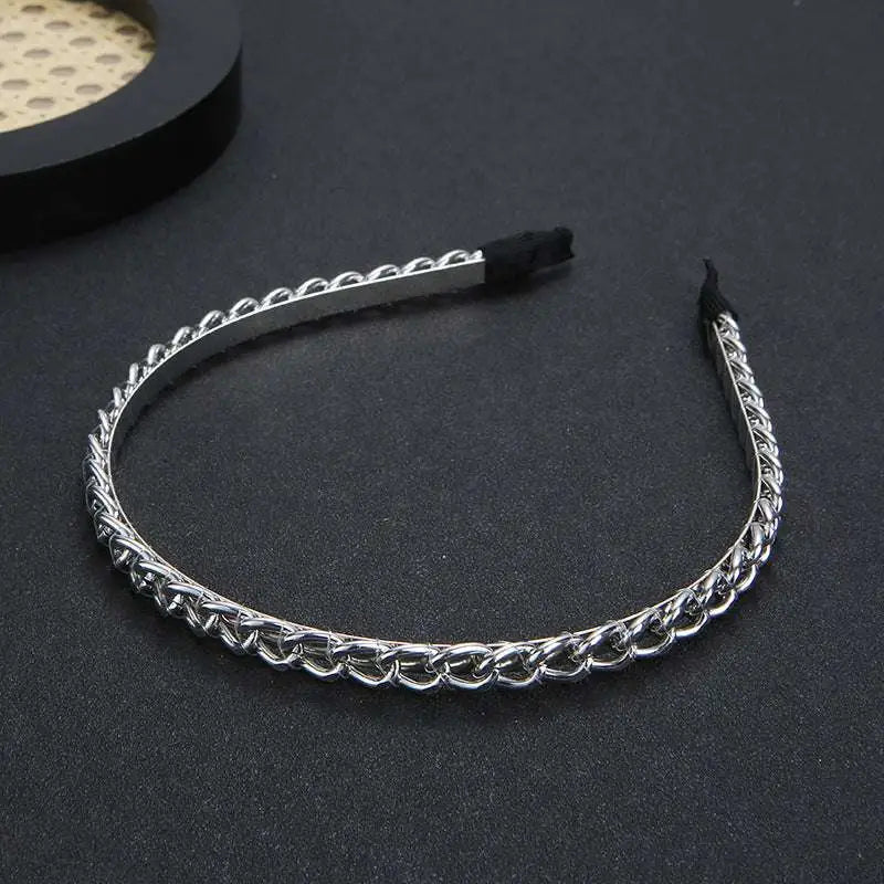 Silver braided metal hair band handmade winding headdress with black fabric-covered ends for elegant styling