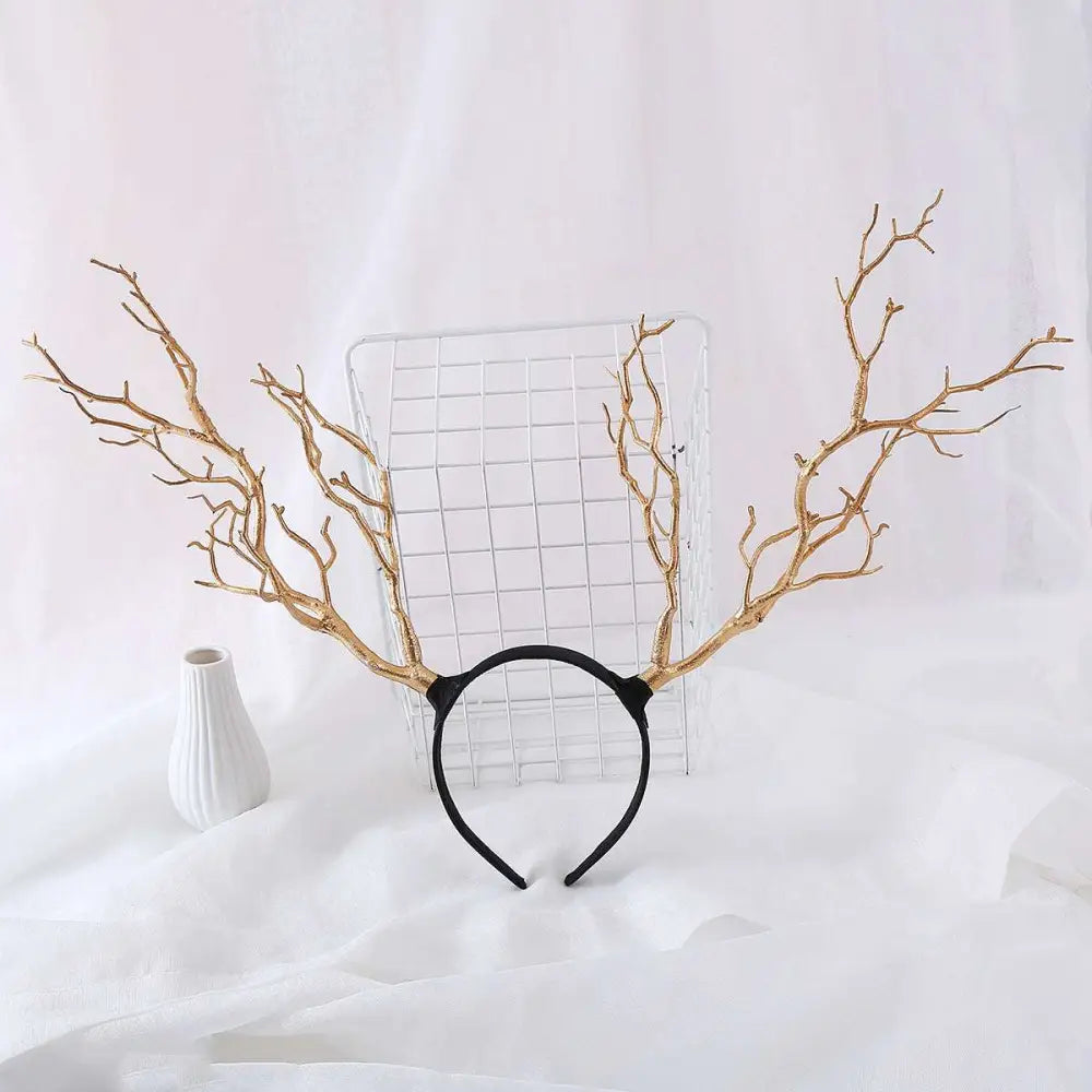 Gold branch fashion deer antler headband with gold-colored branch design and black elastic band for stylish wear