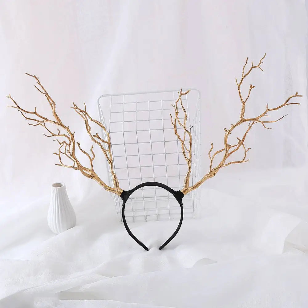 Gold branch fashion deer antler headband with gold-colored branch design and black elastic band for stylish wear