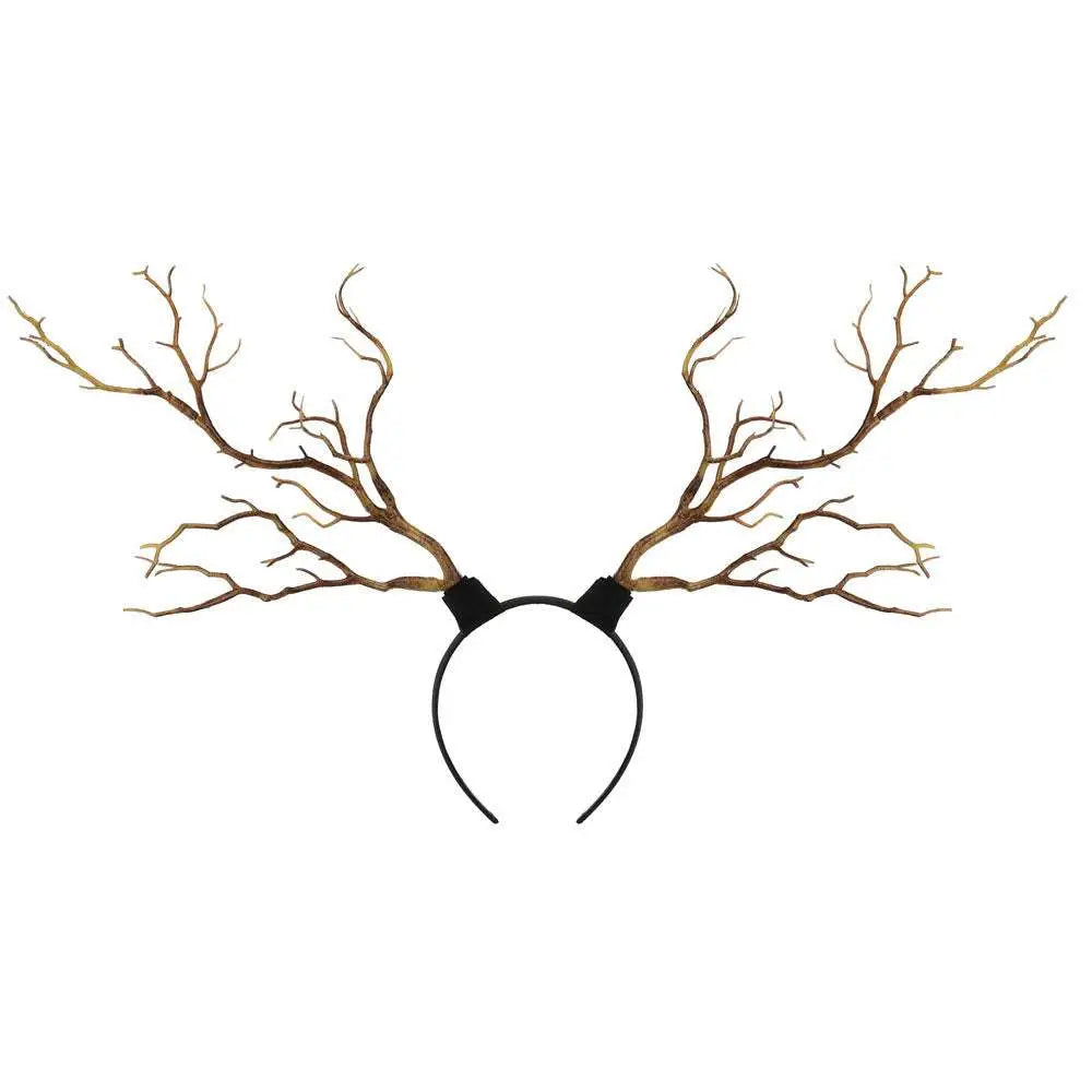 Brown deer antler headband with gold branch fashion design and black elastic band for stylish wear