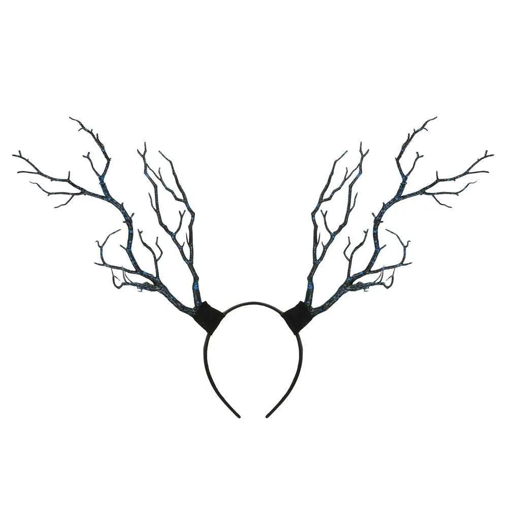 Black glittery deer antler headband with intricate gold branch fashion details for exaggerate branch fashion looks