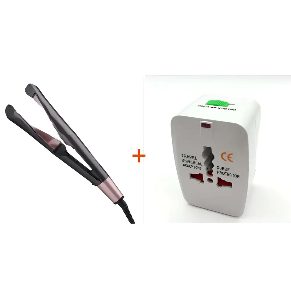 Black and rose gold gold ceramic flat iron with sleek compact design for curly hair care and straight long hair maintenance