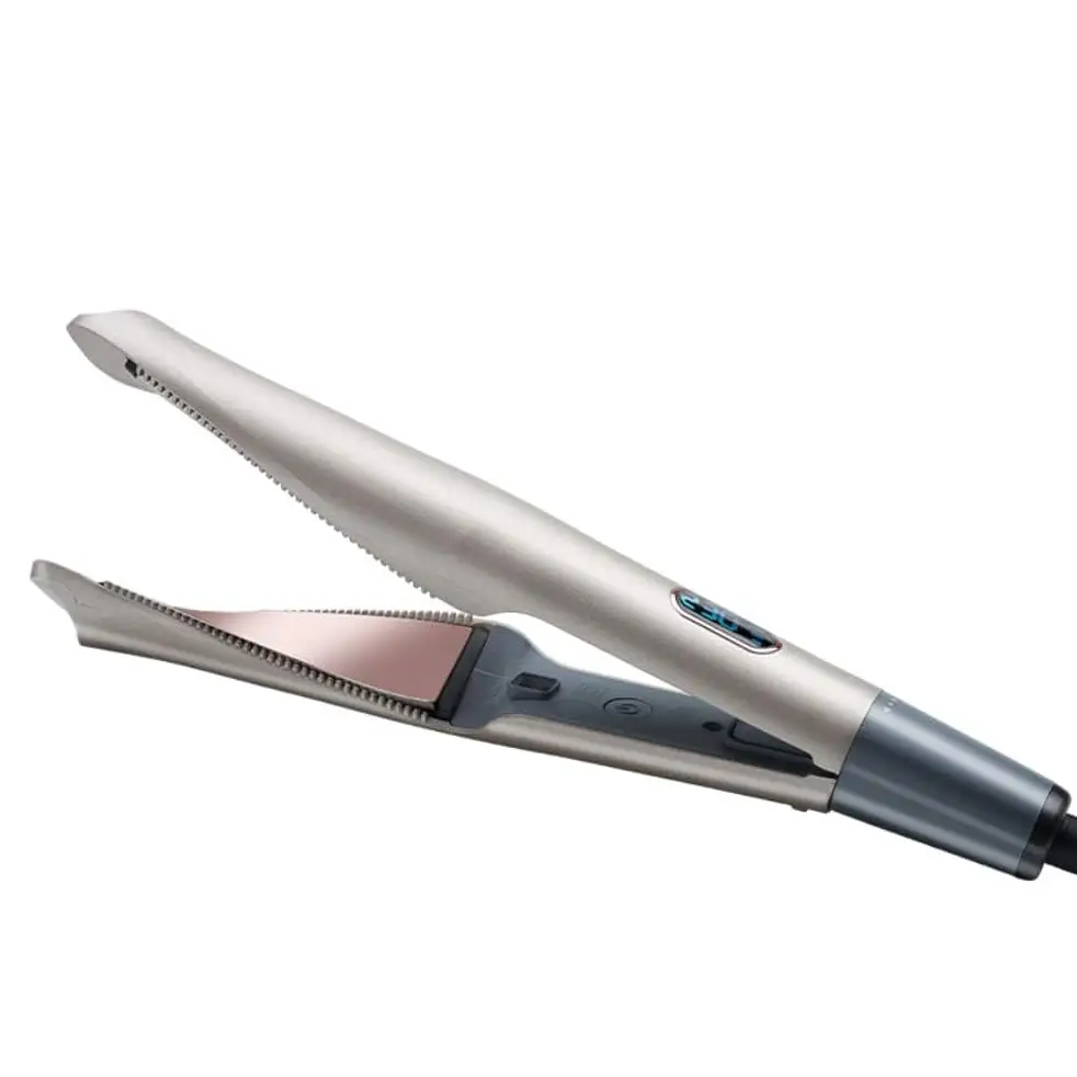 Gold ceramic flat iron with sleek ceramic plates designed for curly hair care and styling long straight hair efficiently