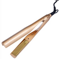 Gold ceramic flat iron with sleek ceramic plates designed for curly hair care and styling long straight hair efficiently