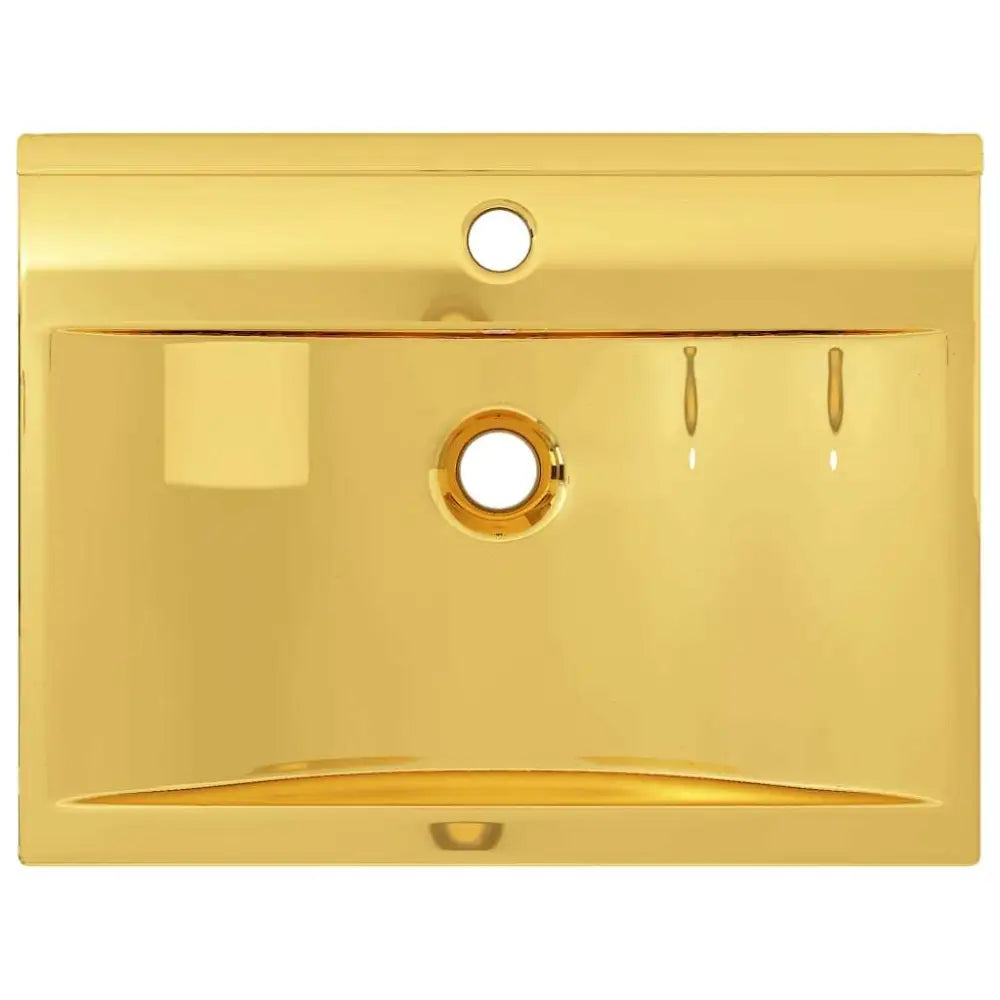 Gold ceramic wash basin 60x46x16 cm with a glossy finish and integrated circular drain hole diameter visible