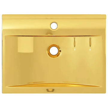 Gold ceramic wash basin 60x46x16 cm with a glossy finish and integrated circular drain hole diameter visible