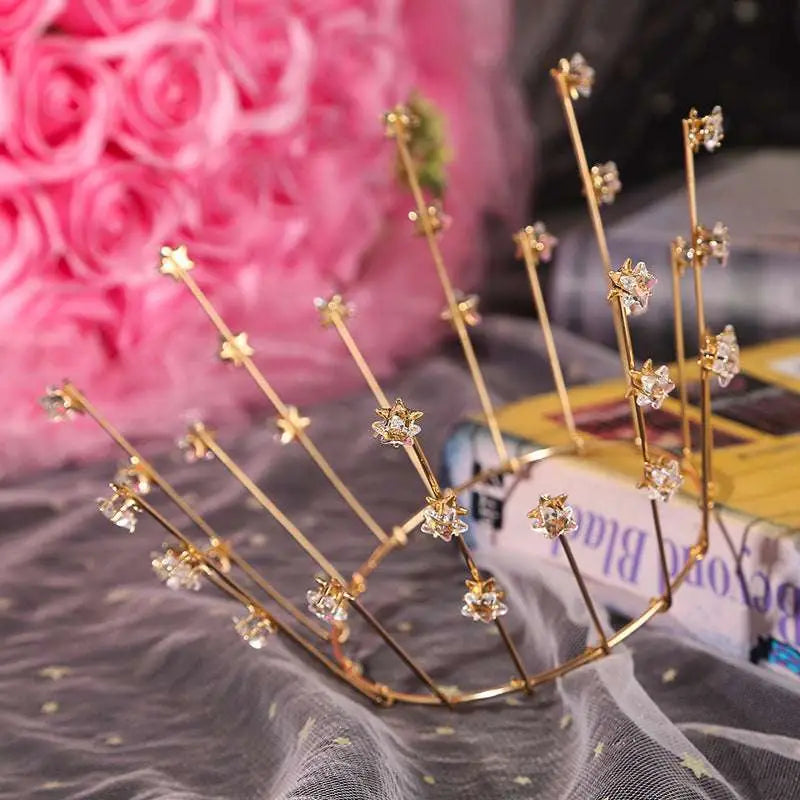 Gold crystal bride handmade star crown wire accessory with clear star-shaped crystal embellishments for bride wedding jewelry