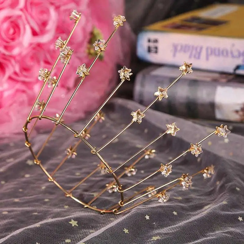Gold crystal bride handmade star crown featuring gold-colored metal and clear star-shaped crystals for bride wedding jewelry