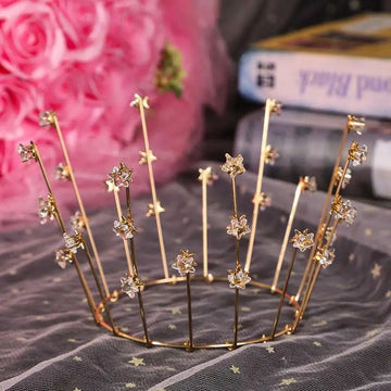 Gold crystal bride handmade star crown with gold-toned wire and clear pink crystal star charms for bride wedding jewelry