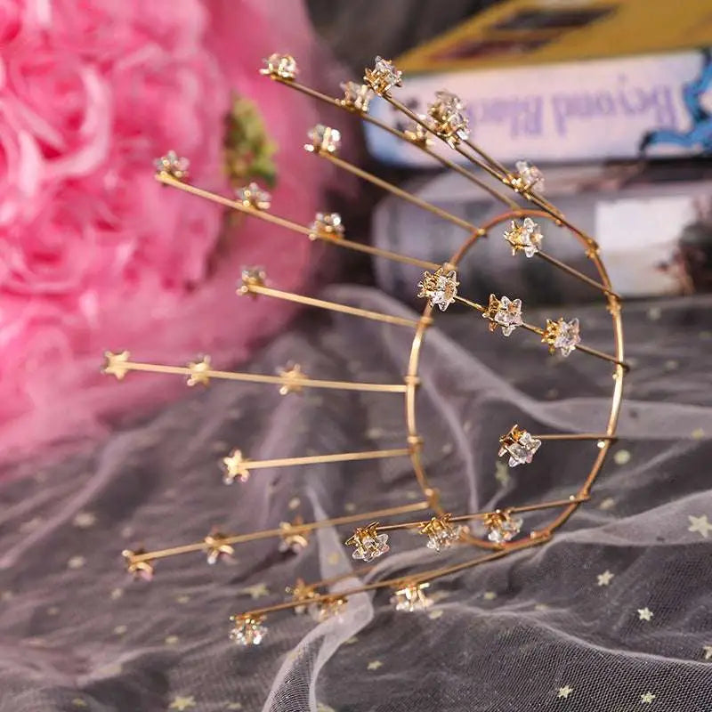 Gold crystal bride handmade star crown with gold-toned wire and clear pink crystal star charms for bride wedding jewelry