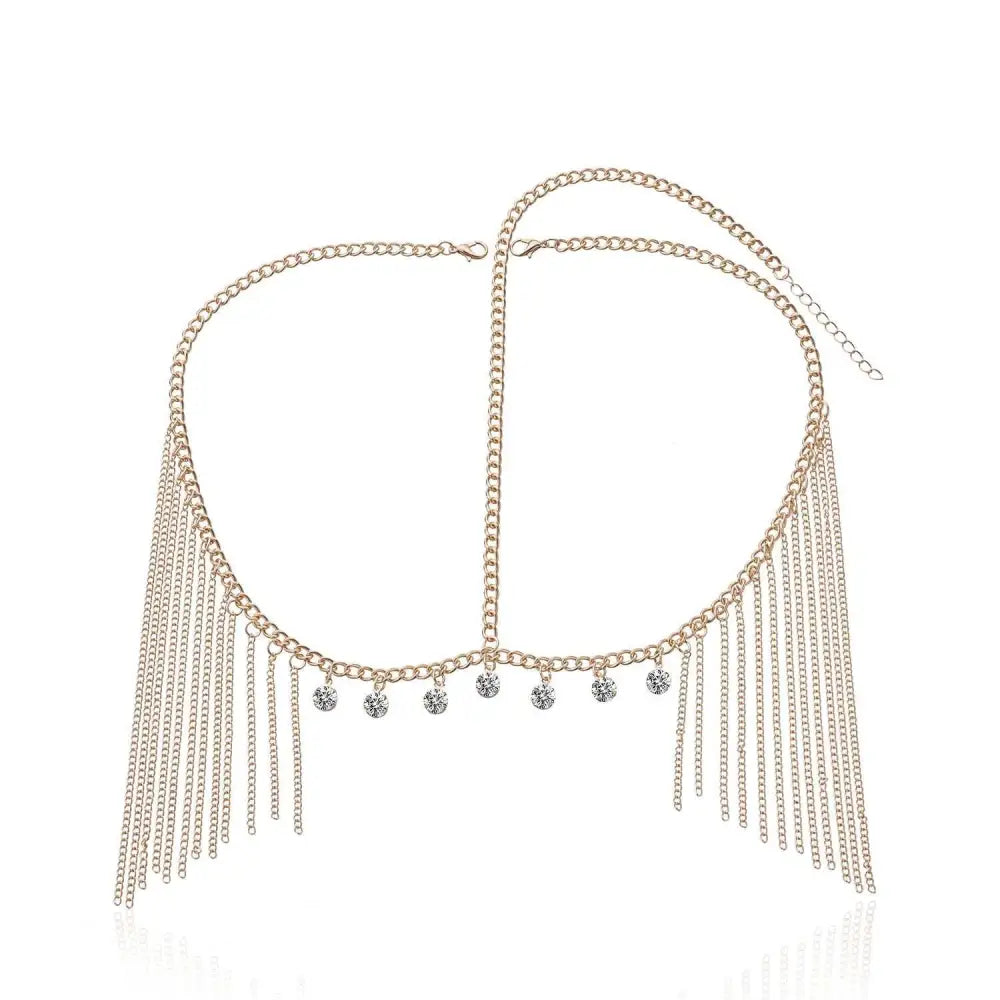 Gold-toned tassel head chain with dangling crystal beads and fringe chains for elegant head chain hair accessory use