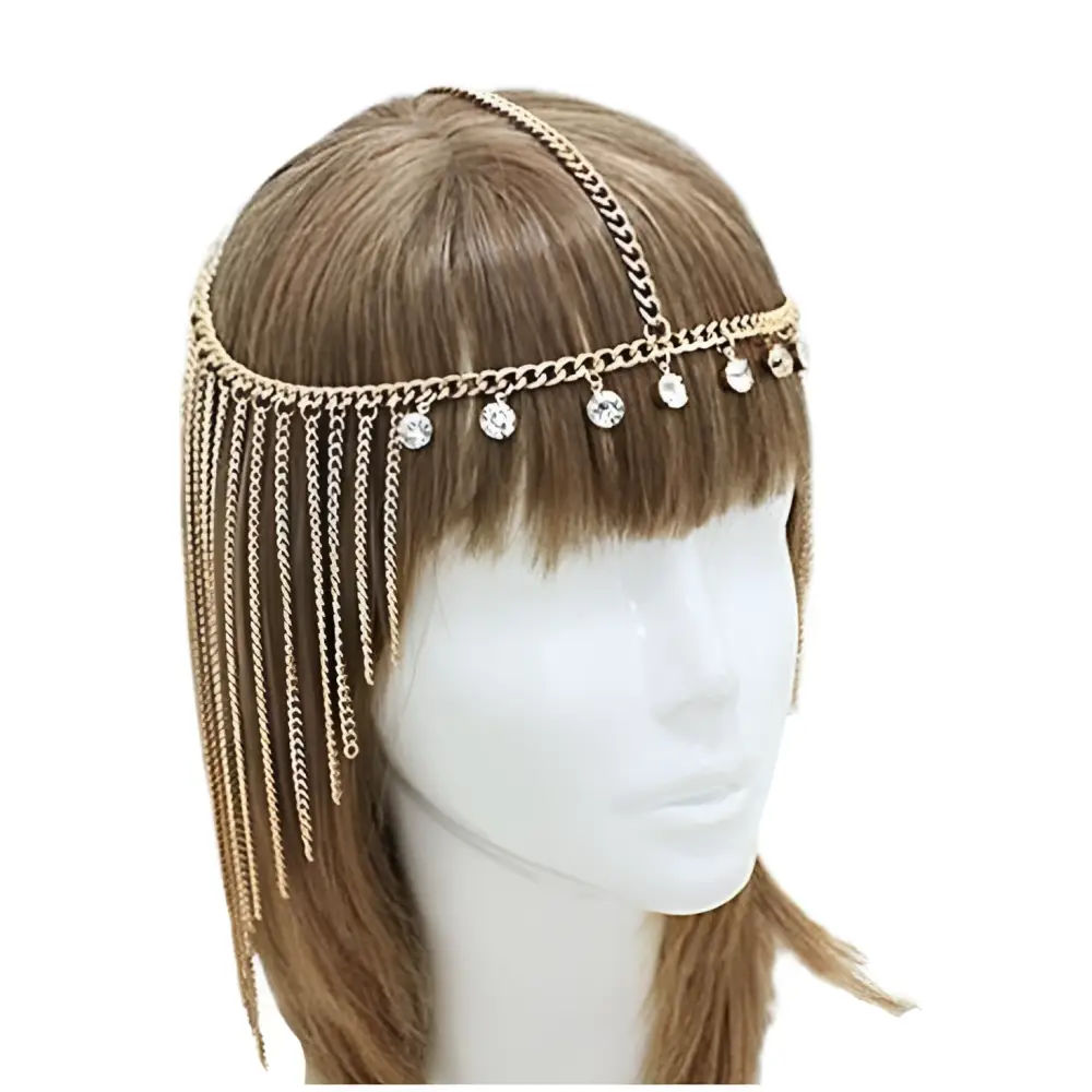 Gold crystal tassel head chain hair accessory featuring gold-toned chains and dangling crystal beads for women