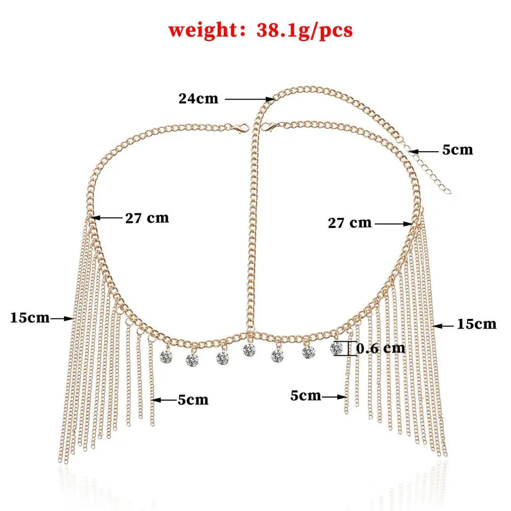 Gold-toned tassel head chain adorned with gold crystal beads and cascading chains for elegant head chain hair accessory