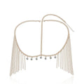 Gold crystal tassel head chain features a gold-toned chain belt with dangling crystal beads and cascading fringe chains