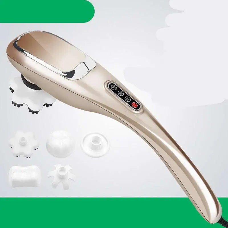 Gold electric cervical massage stick with sleek ergonomic design and multiple white interchangeable massage heads