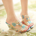 Gold embellished wedge sandals peep toe with intricate butterfly designs and sparkling turquoise rhinestone embellishments