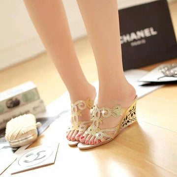 Gold embellished wedge sandals peep toe with intricate floral designs and sparkling rhinestone embellishments