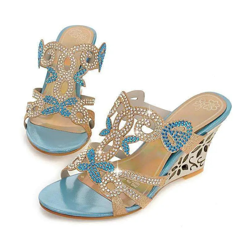 Light blue and gold embellished wedge sandals peep toe with intricate floral designs and sparkling rhinestone embellishments