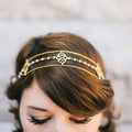 Gold filigree pearl tassel headband with delicate chain links and pearl accents in gold-toned metal for elegant styling