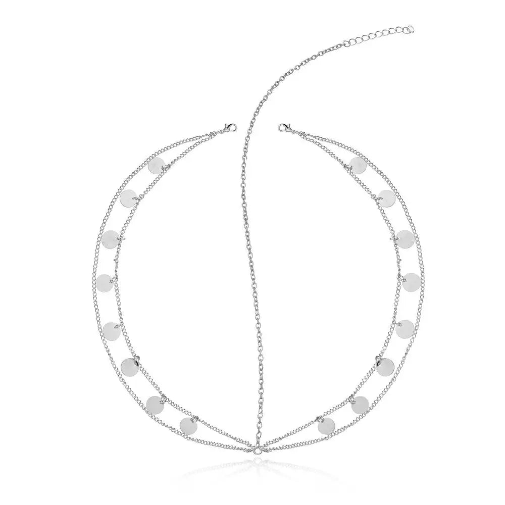 Silver-toned layered headpiece with delicate chain links and dangling discs for pearl tassel headband hair styling