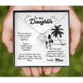 Silver heart-shaped pendant necklace with delicate chain in gift box featuring illustrated daughter’s love necklace message