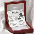 Silver heart-shaped pendant necklace with delicate chain in red gift box with engraved card for knot daughter’s love