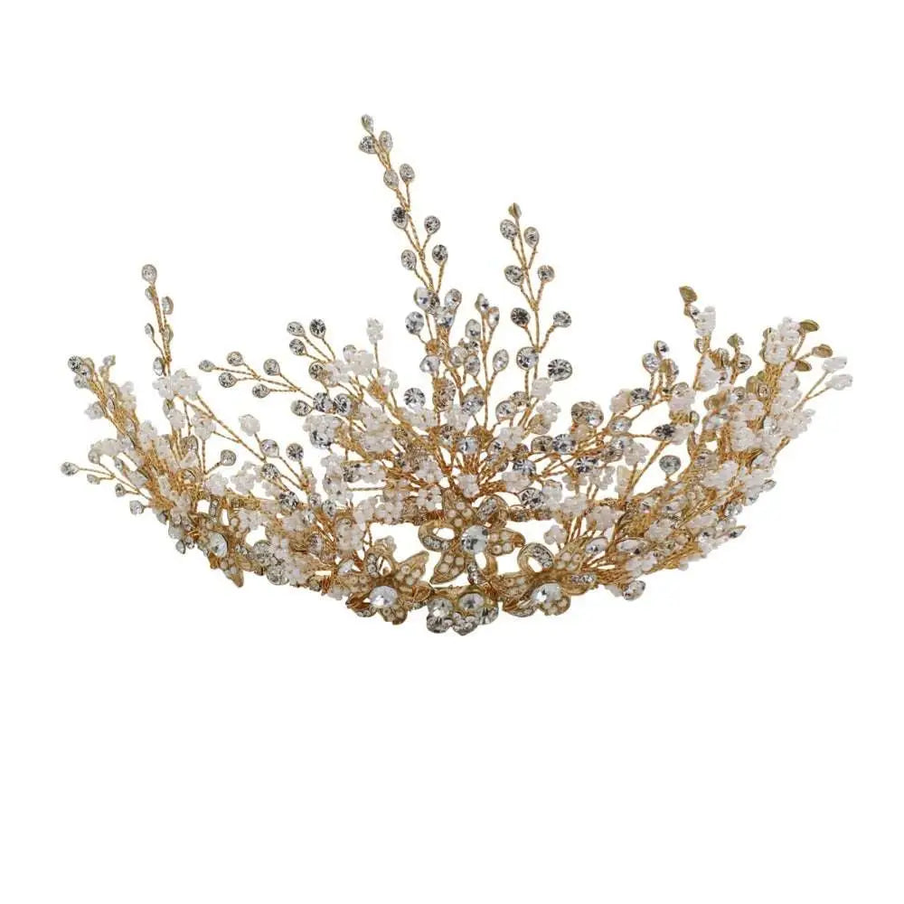 Delicate gold floral rice rhinestone bridal headwear adorned with clear crystals and soft white pearls in a floral design