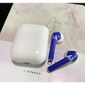 White apple airpods case with two blue and white custom sticker skin earbuds and matching charging case for apple airpods