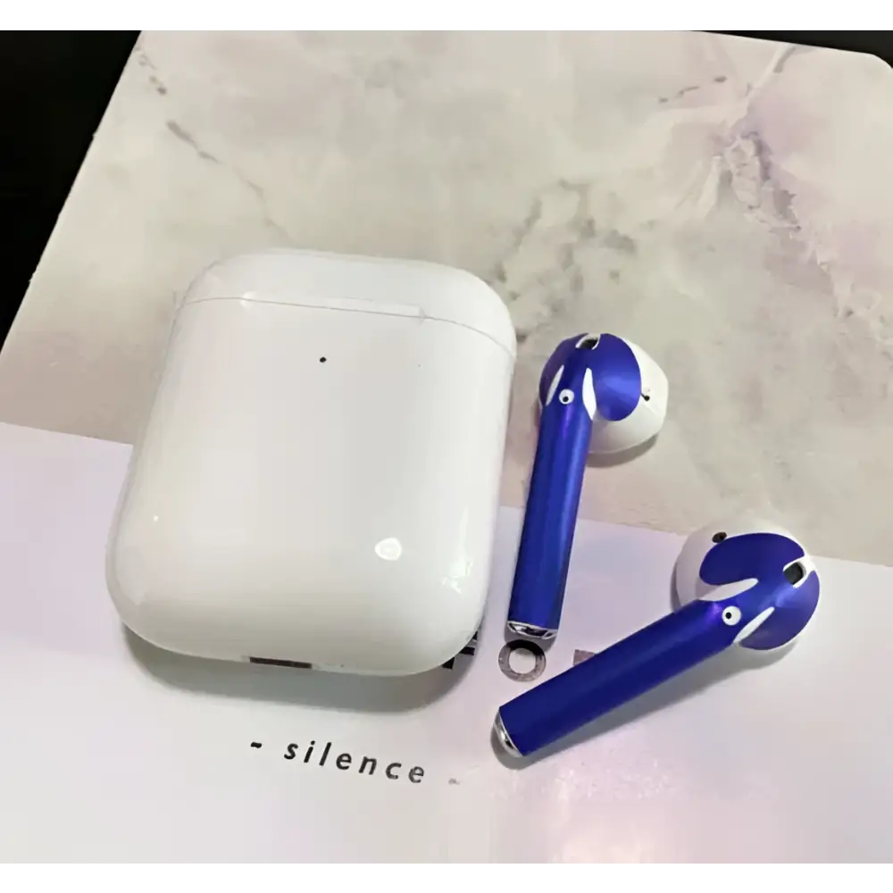 White apple airpods case with two blue and white custom sticker skin earbuds and matching charging case for apple airpods