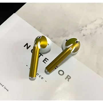 Gold glossy custom sticker skin apple airpods 2 wireless earbuds with white accents and matching charging case