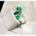 Green and white apple airpods pro with a glossy custom sticker skin nestled in their matching charging case