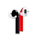 A pair of apple airpods 2 with black and red silicone ear tips and a gold glossy custom sticker skin matching charging case