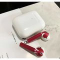 Red and white apple airpods 2 with gold glossy custom sticker skin featuring cartoon designs and matching charging case