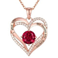 Rose gold heart-shaped pendant necklace with a central red sapphire pendant and engraved i love you for always and forever