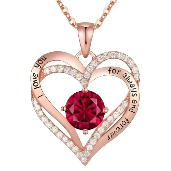 Rose gold heart-shaped pendant necklace with a central red sapphire pendant and engraved i love you for always and forever