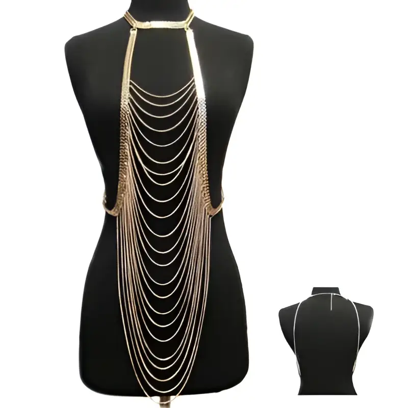 Gold layered body chain jewelry long necklace with gold-toned multiple cascading layered chains from central neckpiece