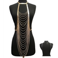 Gold layered body chain jewelry long necklace with gold-toned multiple cascading layered chains from central neckpiece